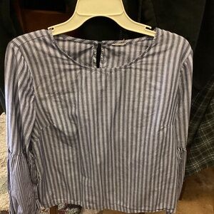 Blue vertical stripes long sleeve corset back blouse